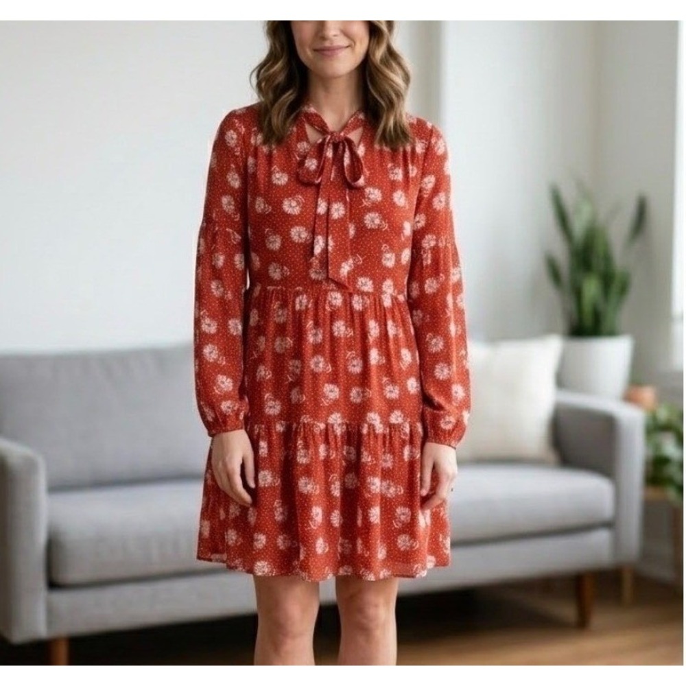 As U Wish Women Rust Orange Floral Daisy Tie Neck Tiered Mini Dress Medium NEW